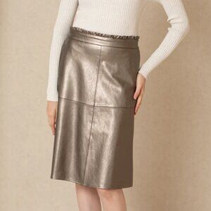 NWT BLANK Metallic Bronze Gathered Leather A-line Midi Skirt